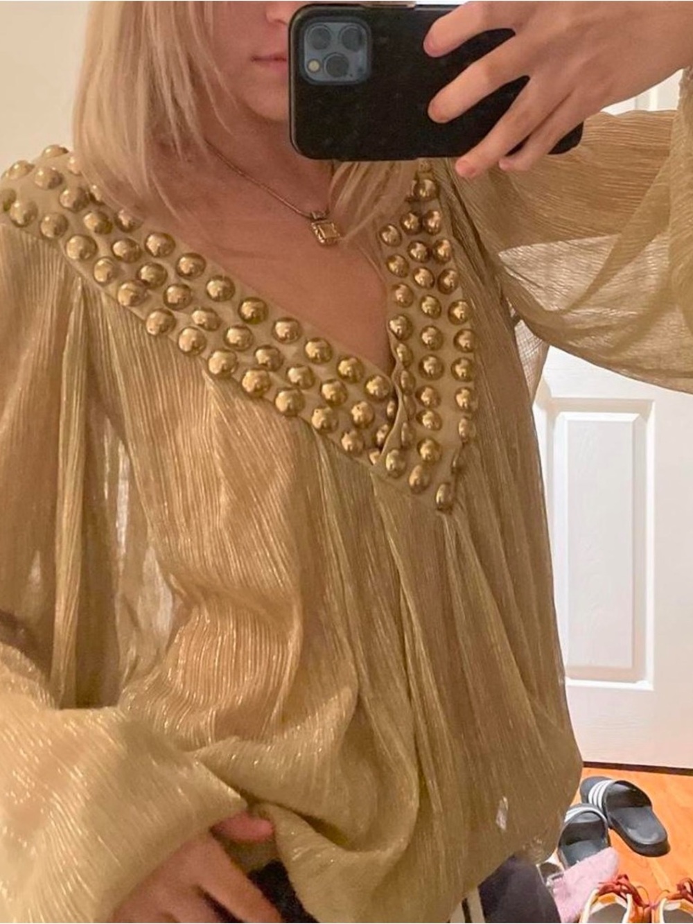 Gold Stud-Trim V-Neck Blouse